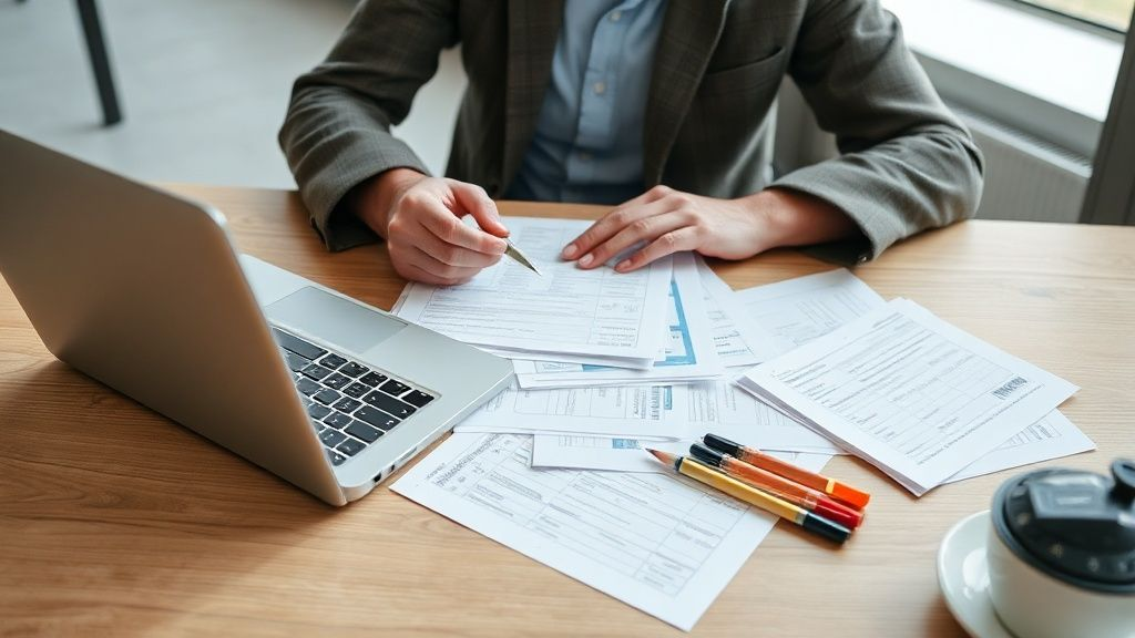 一位客户在现代化办公桌上整理银行开户文件和笔记本电脑