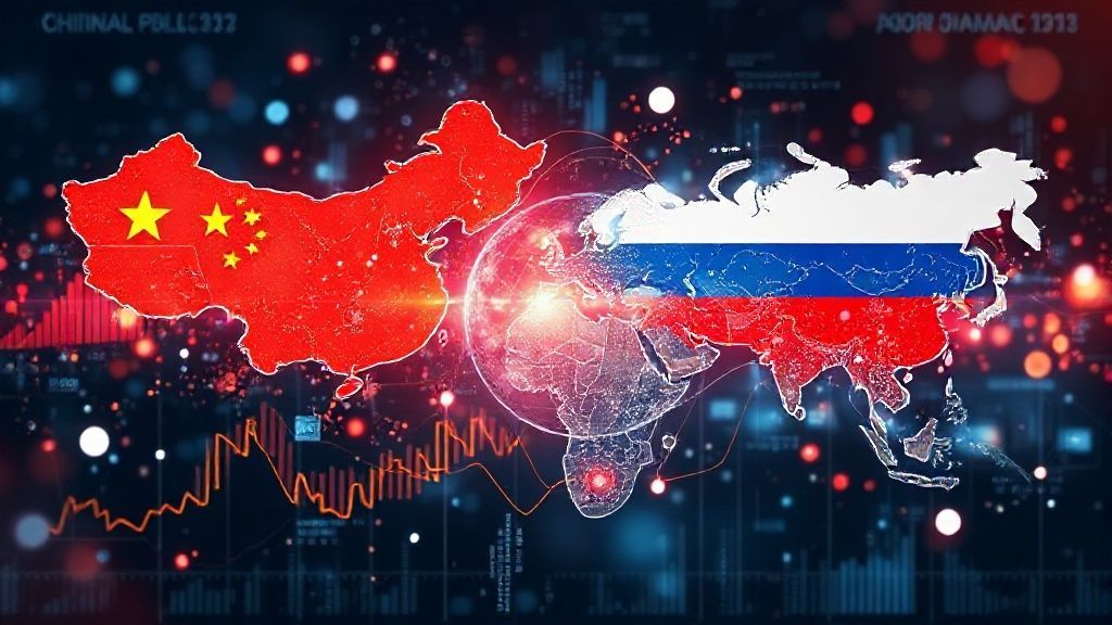 抽象的金融数据流，连接中国和俄罗斯，带有经济图表和地球元素