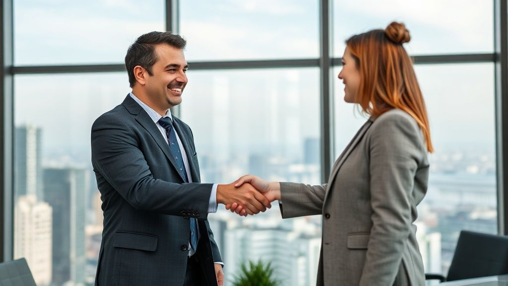 在现代国际办公室背景下，城市景观前成功商业合作的握手