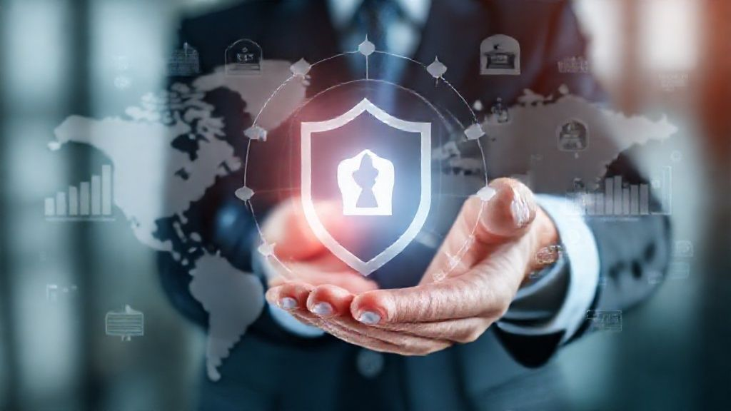 一只手在数字盾牌前放置法律文件，象征着境外公司的合规性和风险管理，背景是全球法规和数据安全元素。