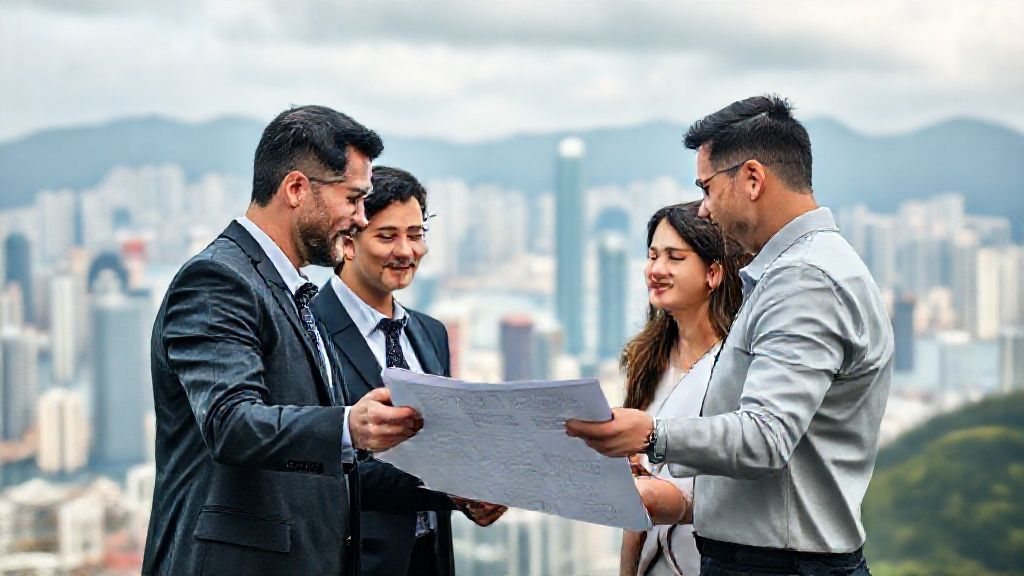 商业团队在香港城市景观背景下协作制定战略，象征全球扩张、专业咨询和成功