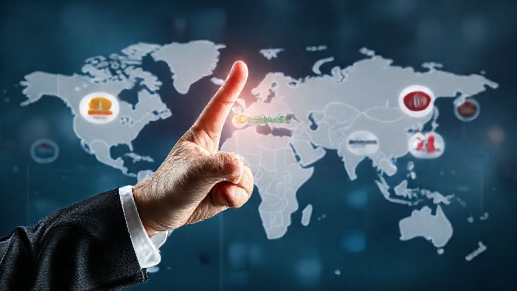 一只专业的手指在全球地图上指向不同的公司标志,象征着国际公司注册和全球业务扩展 一只专业的手指在全球地图上指向不同的公司标志,象征着国际公司注册和全球业务扩展