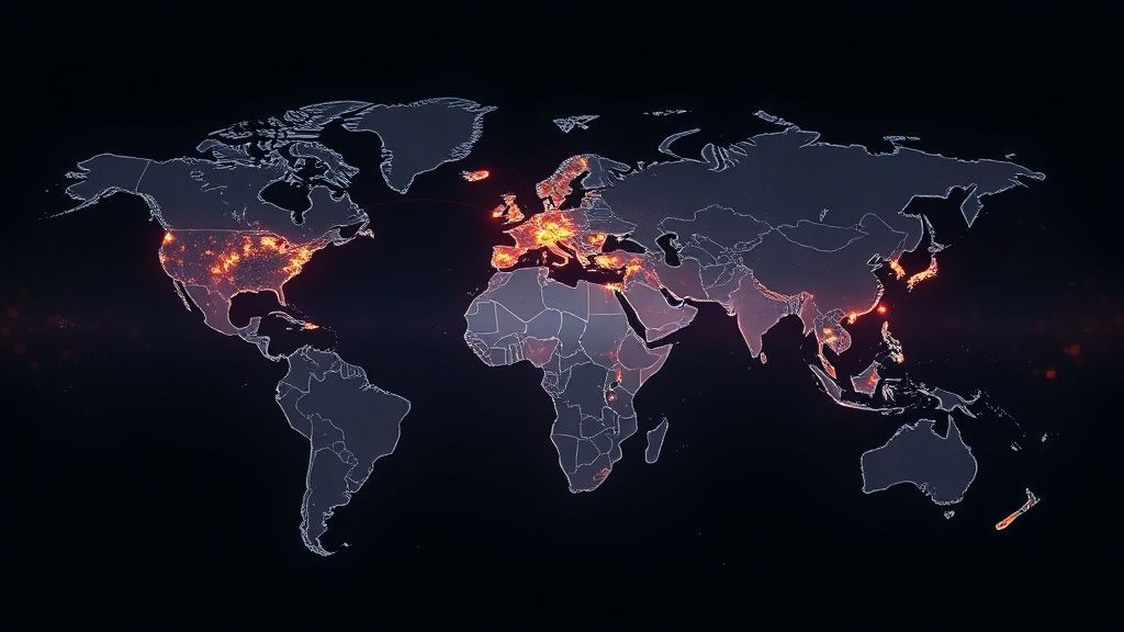 世界地图上连接城市的数字线条代表全球金融