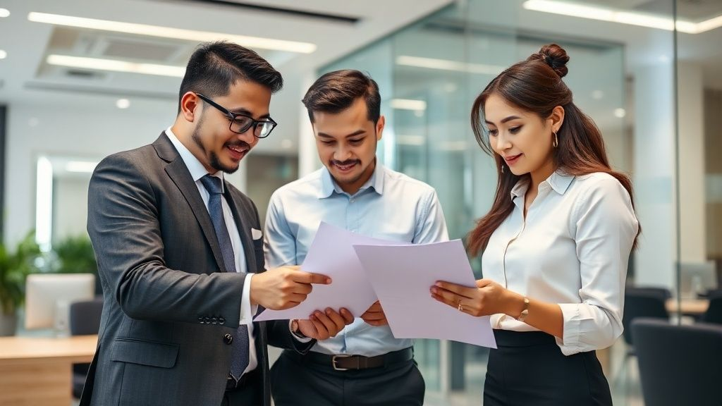 商务人士在现代办公室审阅公司注册文件