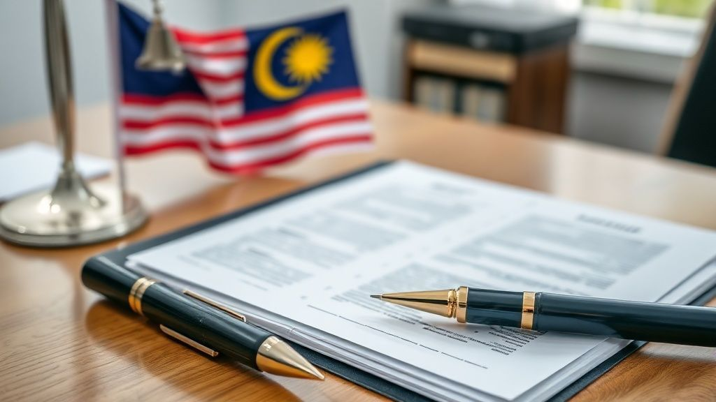 办公桌上的法律文件与马来西亚国旗，象征公司合规