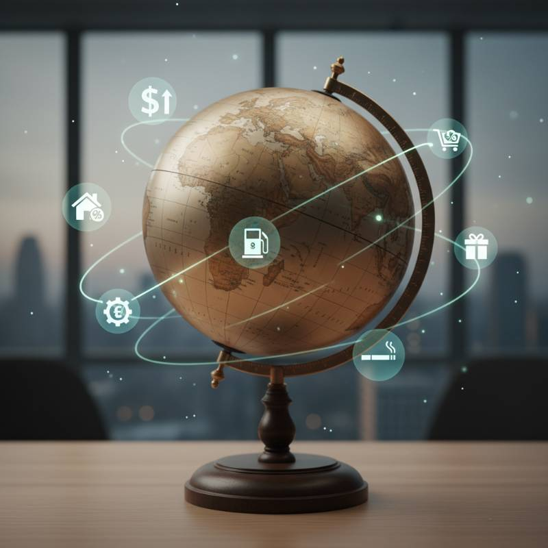 Globe with tax icons Globe with tax icons