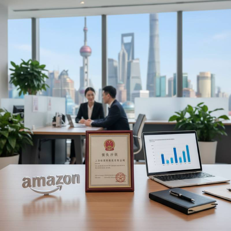 一张展示中国现代办公空间背景下，桌面摆放着亚马逊Logo、营业执照和笔记本电脑的高质感摄影图