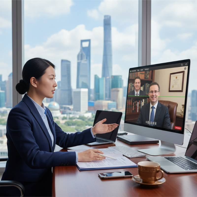 中国企业家通过电脑视频与美国银行经理进行远程开户面谈的场景