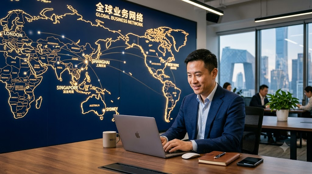 Chinese entrepreneur with laptop, global map in background