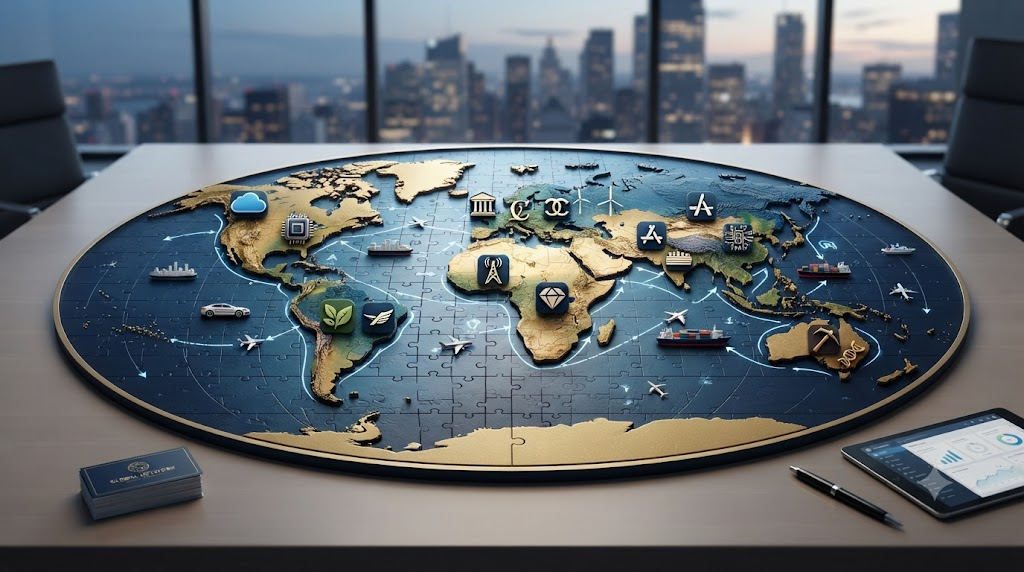 World map with company icons