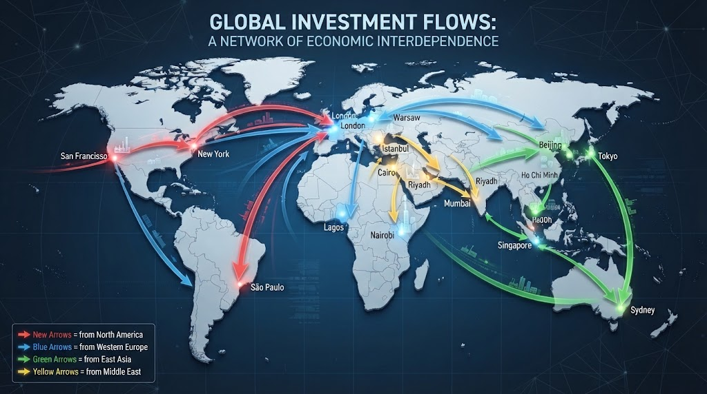 Global map with investment arrows pointing to different regions